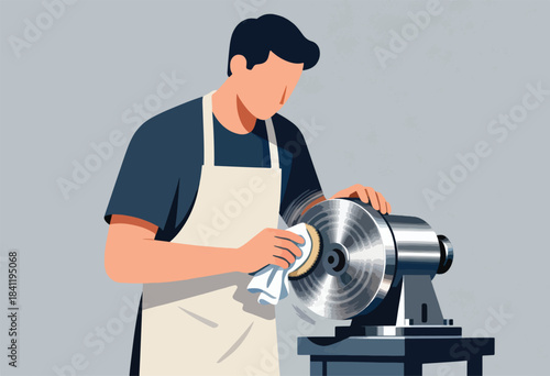 An illustration shows a person wearing an apron cleaning a metallic grinding wheel on a table