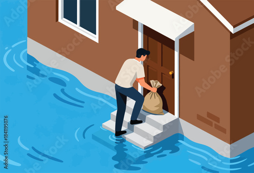 An illustration shows a person standing at a flooded house entry carrying a sack, in a minimalist style
