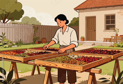 A woman tends to wooden drying racks filled with herbs and spices in a garden, near a house