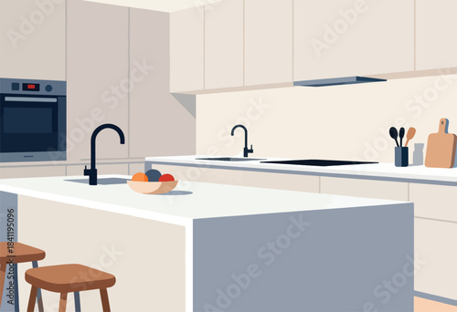 Vector-style illustration of a modern kitchen with island, stools, sink, appliances, and fruit bowl