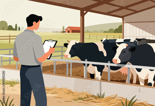 A farmer in a barn observes cows in a stall, holding a clipboard. A rural farm with a red barn is in view