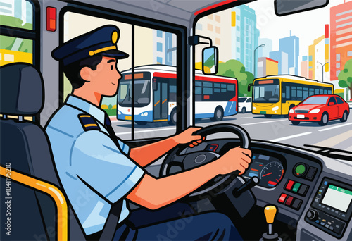Cartoon of a bus driver in uniform driving a bus on a city street, with colorful buildings and other vehicles