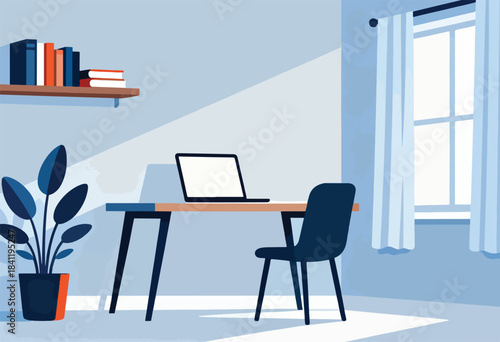 A minimalist illustration of a home office with laptop, chair, bookshelf, plant, and window