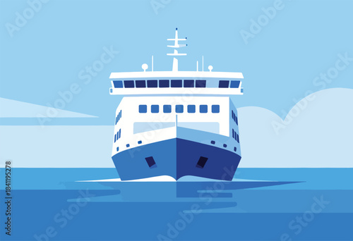 A vector illustration depicts a ferry traveling on blue water under a light blue sky with simple cloud shapes