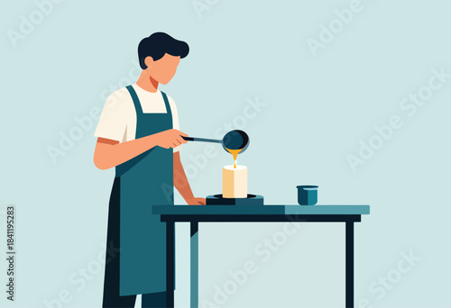 An illustration shows a person pouring liquid from a ladle over a candle on a table