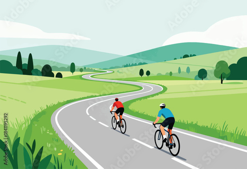 Illustration depicts two cyclists riding bikes on a winding road through a picturesque green landscape with rolling hills