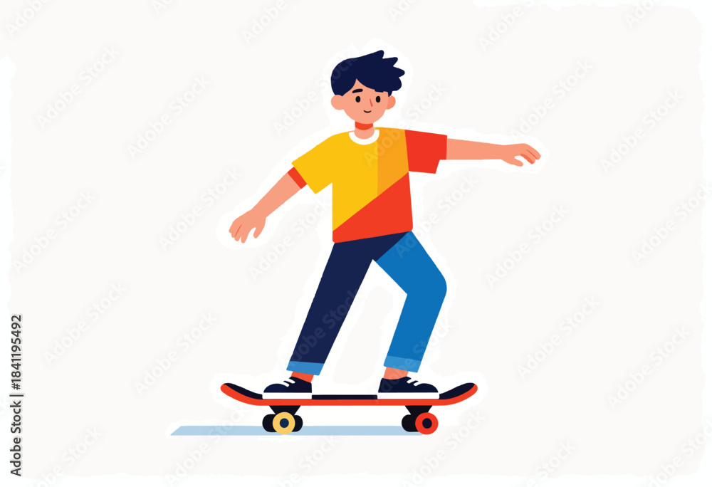 Fototapeta premium A cartoon skater with yellow and red shirt, dark hair, blue pants, and black shoes, in action on a board