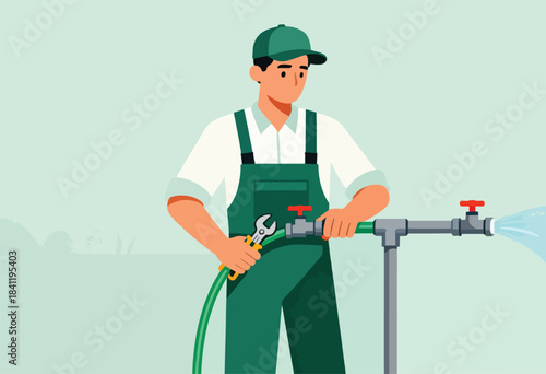 A plumber, wearing a green cap and overalls, is fixing a pipe with a wrench. Water is spraying