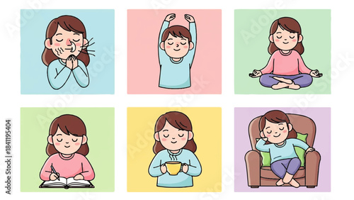 Woman's Self-Care Routine Yoga, Meditation, Reading, Relaxing, Drinking Tea