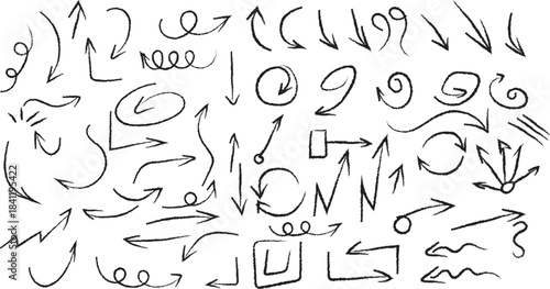 Collection of hand drawn black doodle arrows and pointers showing direction movement and various abstract shapes.