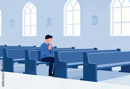 Illustration depicting a person in prayer within a church, surrounded by pews and arched windows
