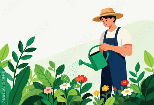 A gardener, in overalls and straw hat, waters blooming flowers from a green watering can. Colorful flora surrounds