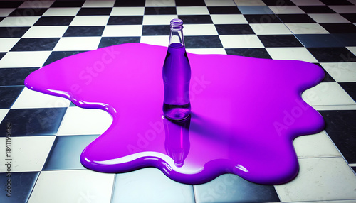 Neon Purple Liquid Spilled on Black and White Checkerboard Floor with Retro Bottle
