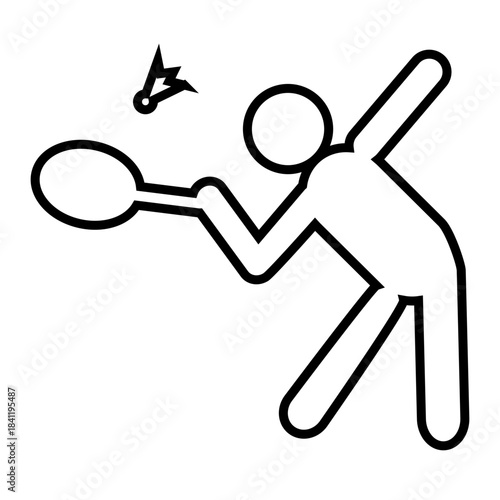Stylized line art icon showing a figure bent forward and reaching out with one arm, holding an oval shape representing a racket. Stylized shuttlecock shown above the racket. Related to badminton court