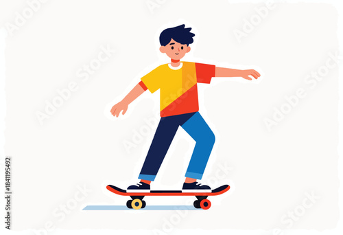 A cartoon skater with yellow and red shirt, dark hair, blue pants, and black shoes, in action on a board