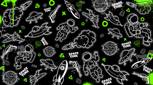 Black and white space background vector illustration in a graffiti style.