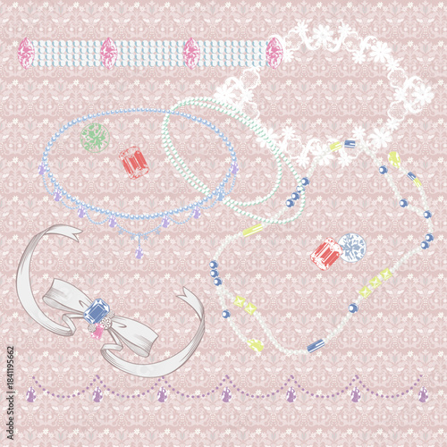 ラグジュアリーなアイテム 宝石 リボンのイラスト パターン