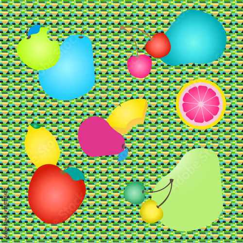 レトロなパターンと果物のイラスト