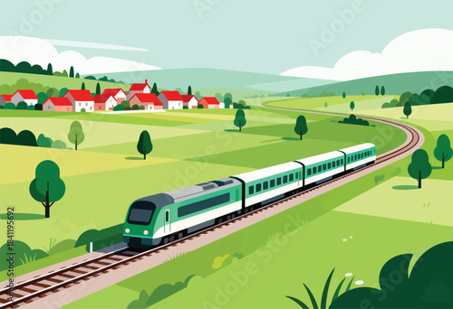 A green and white train travels along tracks through a rolling green landscape with a village in the distance