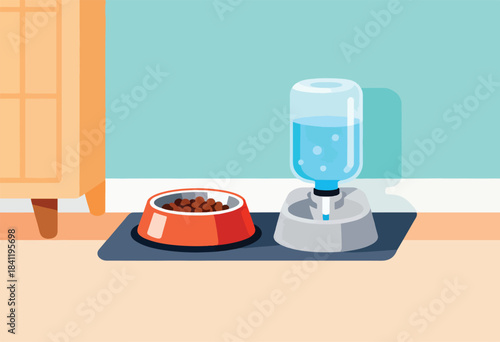 An illustrated depiction of a pet's feeding station with a bowl of food and water dispenser