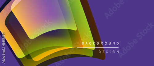 Abstract colorful layers create dynamic curved shape. Purple backdrop complements vibrant design elements. Modern aesthetic.