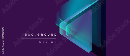 Abstract geometric shapes overlap, creating layered effect. Purple background enhances vibrant blue gradients. Minimalist design focuses on form, texture.