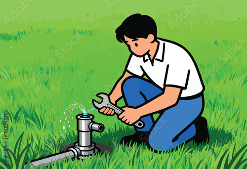 A person kneels, fixing a lawn sprinkler with a wrench, water sprays. The scene is set in a green field