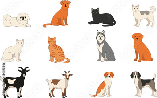 Colorful vector illustration set of various dog breeds, cats, and goats in cute cartoon style, perfect for pet-themed designs and digital projects