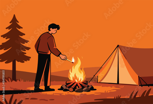 A person strikes a match to light a campfire in a vibrant sunset-toned scene with a tent and pine tree