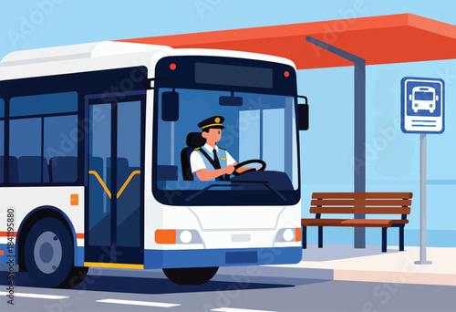 Illustration of a city bus, driver, bus stop with a bench, sign, and light blue sky background