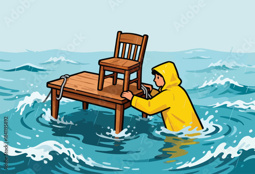 A person in a yellow raincoat struggles to keep a chair and a table from floating away in a flood