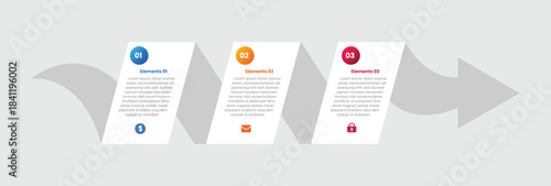 Arrow base shape infographic with gradient style with skew box with ribbon flip and arrow horizontal direction with 3 elements stages