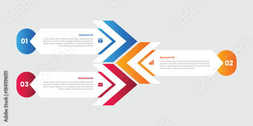 Arrow base shape infographic with gradient style with arrow triangle rectangle stacked vertical and opposite position with 3 elements stages