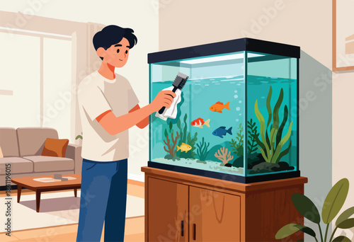 A person cleans an aquarium with fish and plants inside, while a sofa and table are in the background