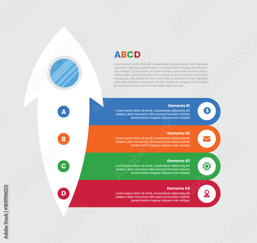 Arrow base shape infographic with gradient style with big arrow rocket ships with round rectangle container box stacked list with 4 elements stages