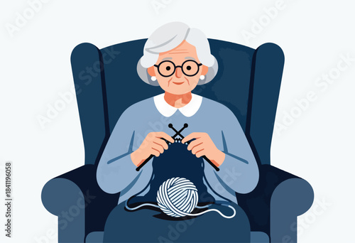 An elderly woman with glasses knits in a blue armchair with a ball of yarn. Illustration in flat style