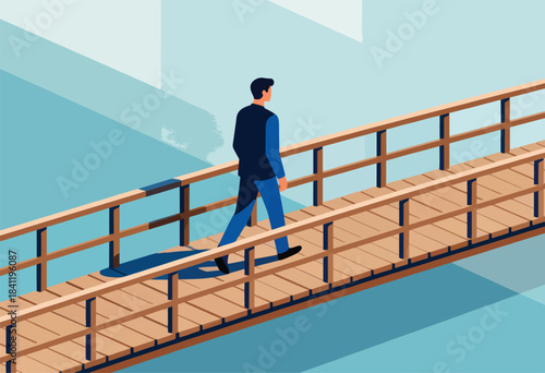 A person walks across a wooden bridge over water, viewed from a slightly high isometric angle