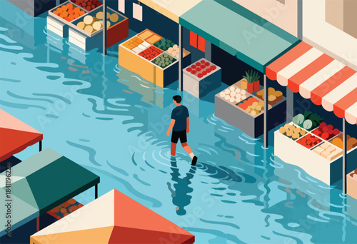 Isometric illustration of flooded marketplace with a person wading through water. Stalls display produce