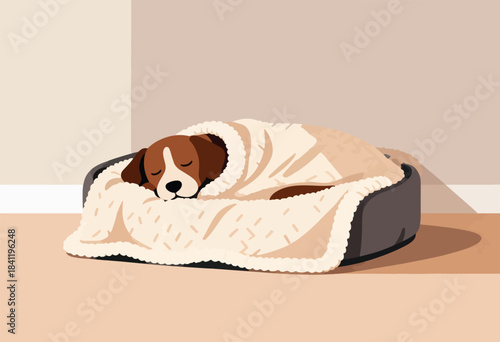 A brown and white dog sleeps soundly, nestled under a cozy blanket in its bed, set against a neutral backdrop