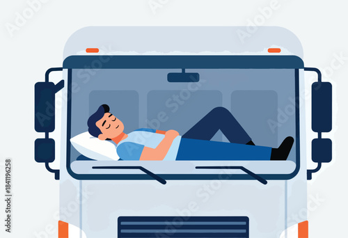 A flat illustration depicts a person sleeping inside the front cab of a large truck