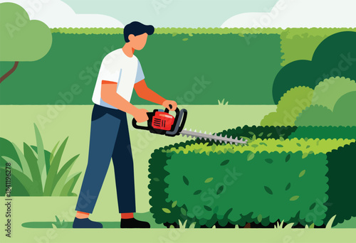 An illustration depicts a person trimming a hedge in a green space. The person is using a red hedge trimmer