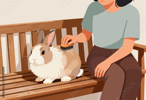 An illustration depicting a person grooming a fluffy bunny on a wooden bench, with soft colors and clean lines