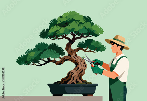 A person with gardening gloves trims a bonsai tree with pruning shears, wearing a hat, in an illustrated style