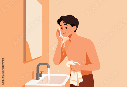 A man is washing his face in the bathroom, using a cloth. Water drips down, towel in hand. Mirror and sink visible