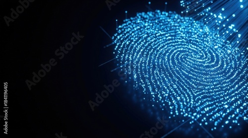 Wallpaper Mural 3D illustration of a fingerprint composed of glowing blue digital dots and fiber optic lines. Concept of biometric security, identity verification, cyber protection and personal data access. Torontodigital.ca