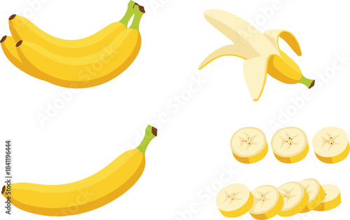 Fresh banana vector illustration set featuring whole bananas, peeled bananas, and sliced banana pieces, perfect for food designs, menus, packaging, and healthy lifestyle projects