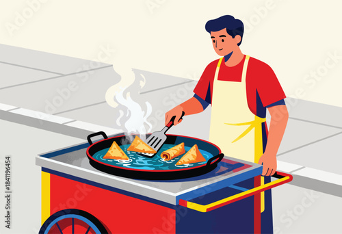 An illustration of a street food vendor frying samosas, steaming oil, colorful cart, and apron