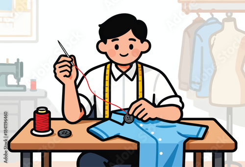 A cartoon tailor sits sewing a button onto a blue shirt. Tools and a mannequin are in the background