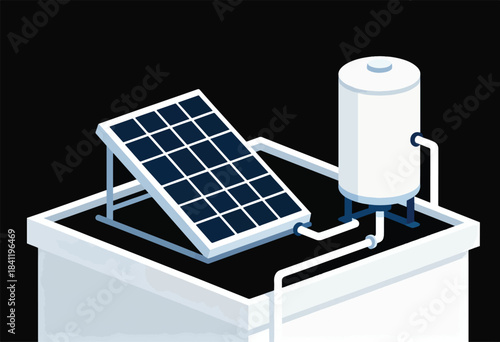 A stylized illustration features a solar panel, water tank, and pipes on a flat roof, generating energy