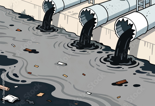 Illustration showing polluted water with black liquid pouring from pipes into a river with debris